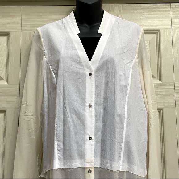 Helmut Lang Womens Element Sheer Hem Shirt Collared V-neck Cotton/Silk Sz L - Picture 5 of 11